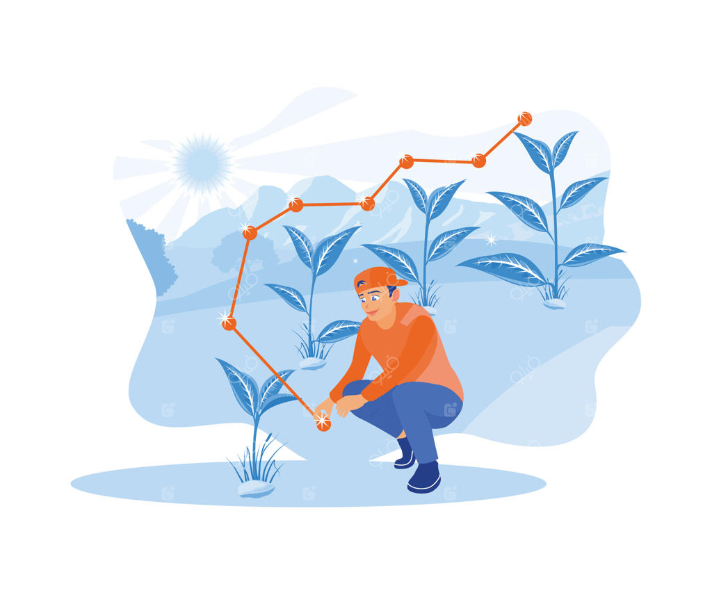 کاشت نهال در باغ زیر نور خورشید. نمودارهای رشد گیاه نشان‌دهنده توسعه و پیشرفت کسب‌وکار. مفهوم تحلیل رشد.