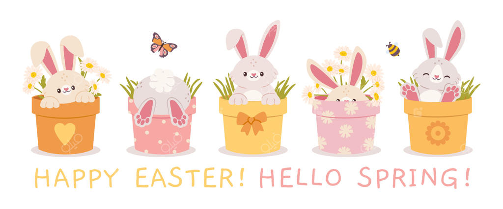 کارتون خرگوش عید پاک. خرگوش بامزه در گلدان باغچه. خرگوش‌های خنده‌دار تعطیلات در گلدان‌های گیاهان. سلام بهار. بنر با حیوانات دوست‌داشتنی و گل‌ها. مفهوم فصل بهار