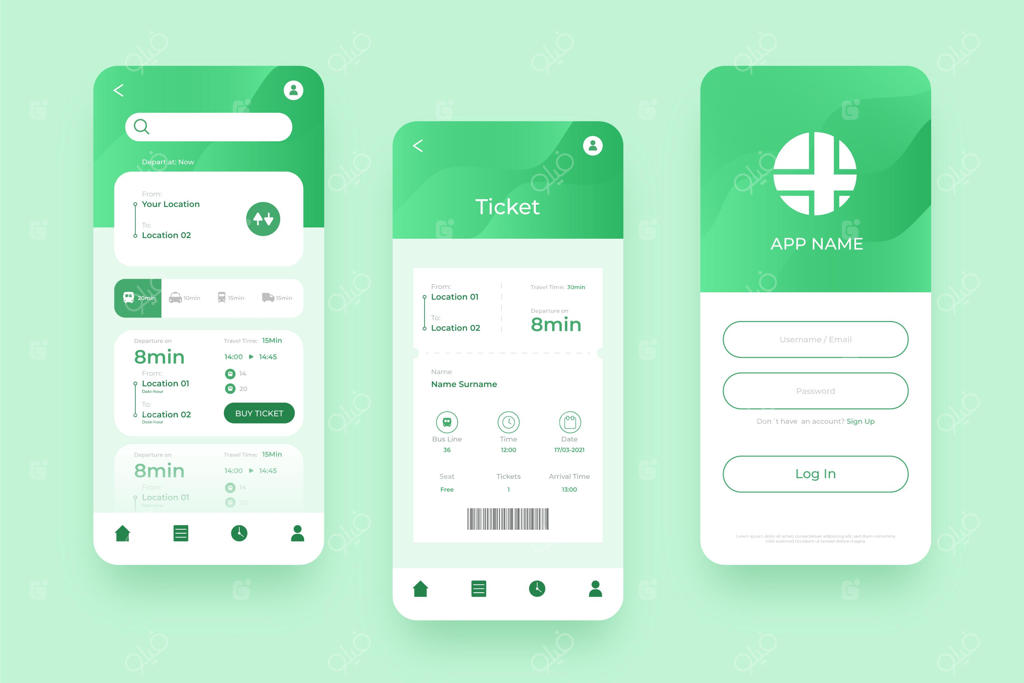 صفحات متنوع برای اپلیکیشن موبایل حمل و نقل عمومی سبز