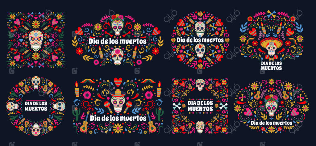 پرچم‌های دی دی د لوس موئرتوس. مجموعه پس‌زمینه وکتور با نقش سرهای قند مکزیکی و گل‌ها برای روز مردگان. کارت‌های تبریک ویژه جشن مکزیکی روز مردگان.