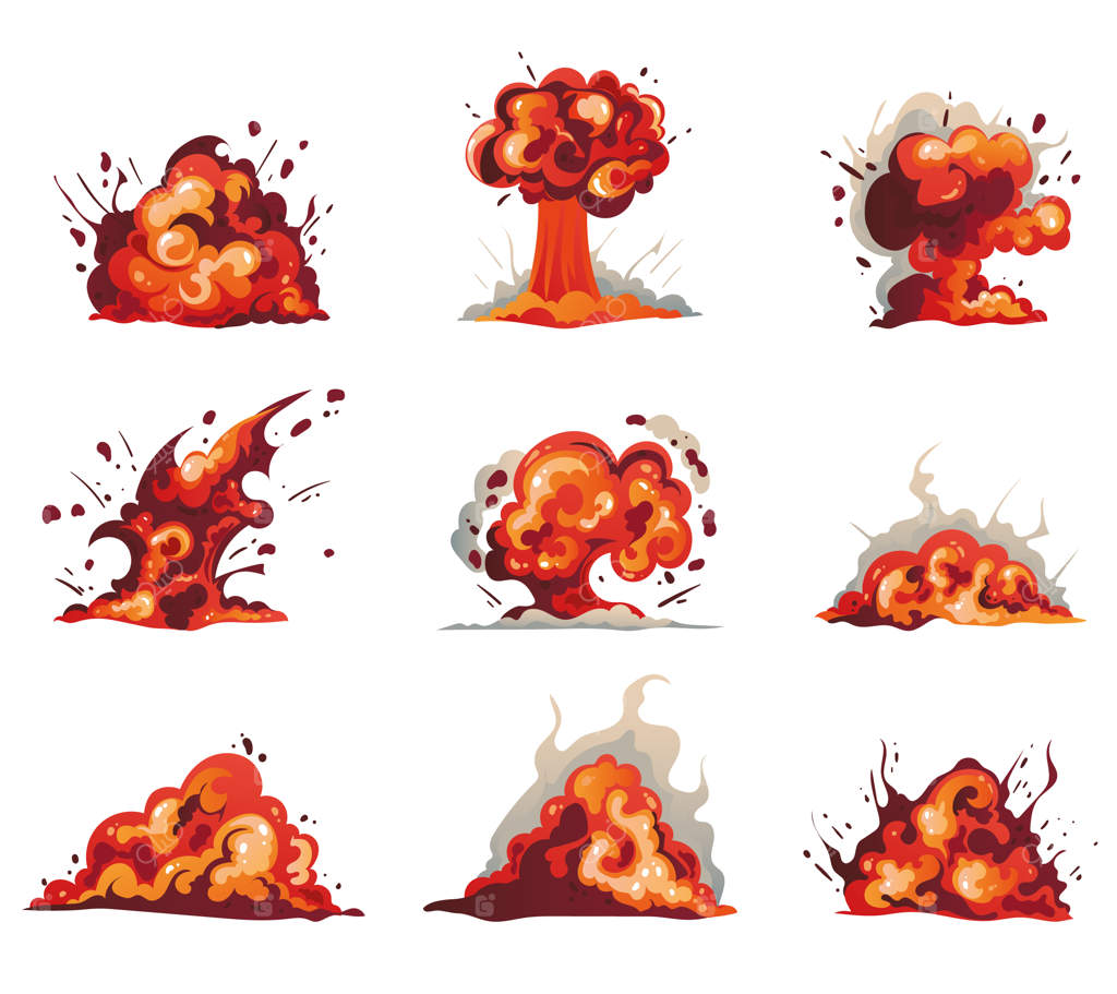انفجار بمب و آتش: مجموعه‌ای از عناصر طراحی کارتونی وکتور شامل دینامیت و انفجار اتمی