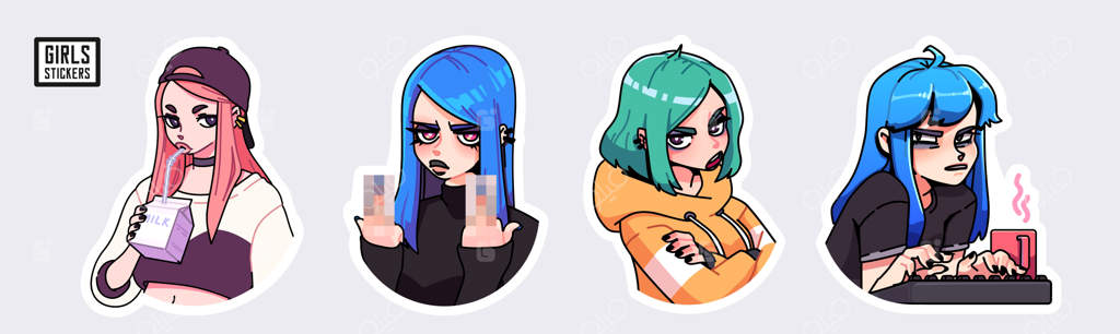 مجموعه‌ای از استیکرهای دختران شیک و بامزه در لباس‌های مختلف با حالت‌های گوناگون. استیکرها یا نشان‌های وکتور