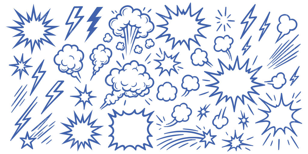 مجموعه انفجار کمیک: رعد و برق، افکت‌های دود، ستاره‌ها و طرح‌های انفجاری