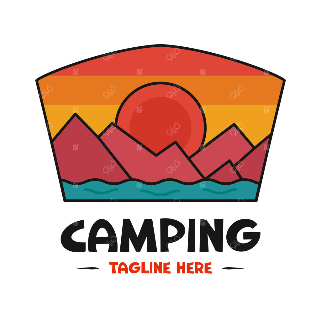 طراحی نشان کمپینگ با گرافیک آفتاب و کوه‌ها - لوگوی سفر, وکتور استوک ماجراجویی