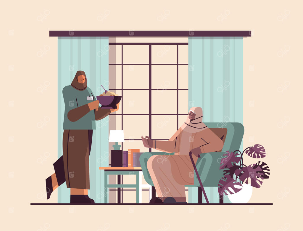 پرستار یا داوطلب عرب مهربان که غذا برای زن مسن می‌آورد: خدمات مراقبت در منزل و حمایت اجتماعی