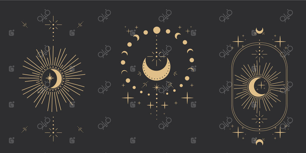 طرح تتو ماه طلایی یا عناصر جادوی طالع‌بینی و تاروت با پرتوها، ستاره‌ها و خطوط مینیمال به عنوان مرز یا تزئینات روی زمینه تیره. نمادهای فضایی و نشان‌ها.