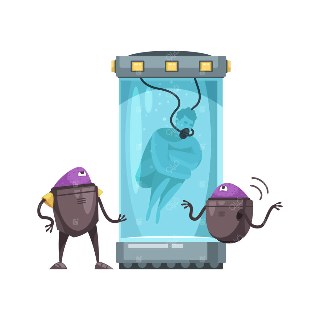 دو بیگانه در حال انجام آزمایش بر روی انسان در کپسول پر از آب - کارتون