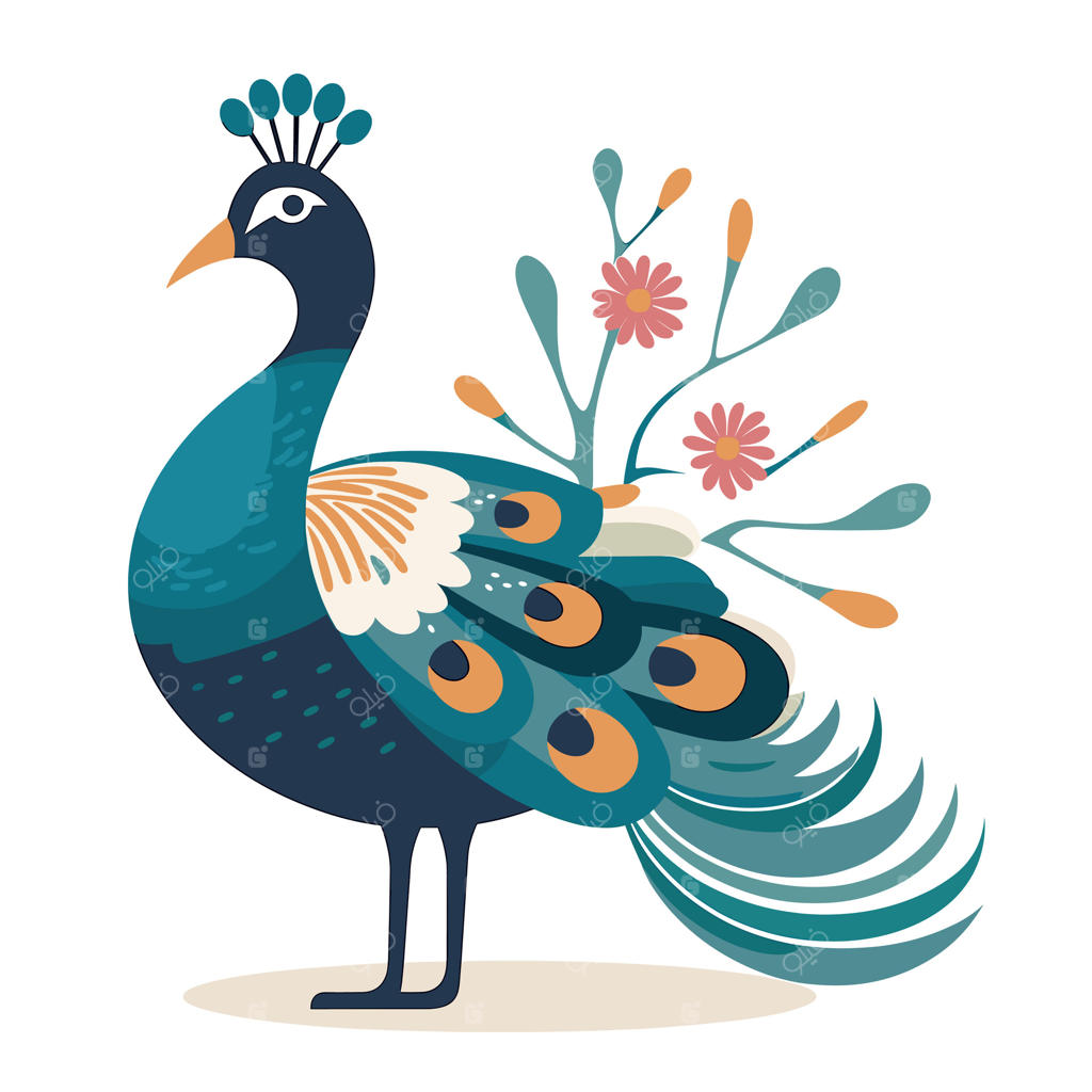 طاووس رنگارنگ میان گل‌های شکفته در باغی خیالی باشکوه ایستاده است