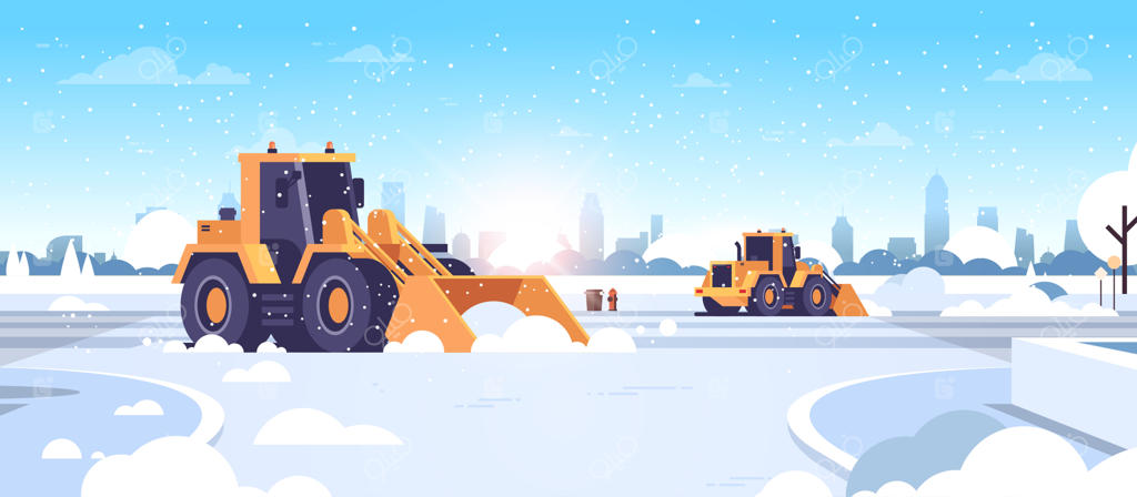 تراکتورهای برف‌روب در حال پاکسازی جاده‌های برفی شهر زمستانی - مفهوم پاکسازی برف در شهر مدرن همراه با آفتاب - تصویر برداری افقی و صاف