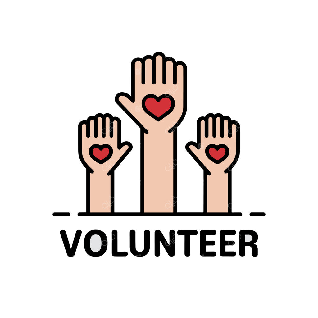 سه دست انتزاعی با قلب‌های قرمز برای لوگوی داوطلبان