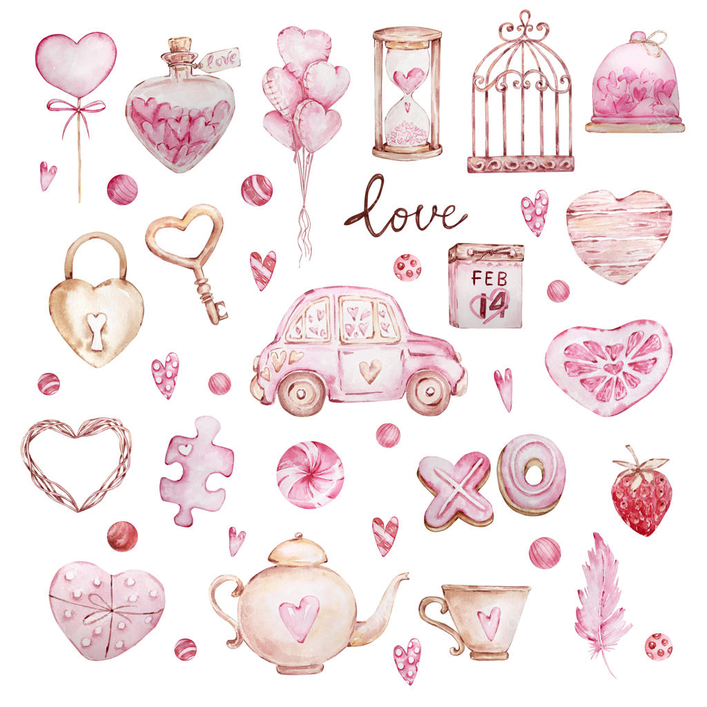 مجموعه بزرگ نقاشی آبرنگی از قلب‌های شیرین، ماشین، پر، قفل و کلید روی پس‌زمینه سفید