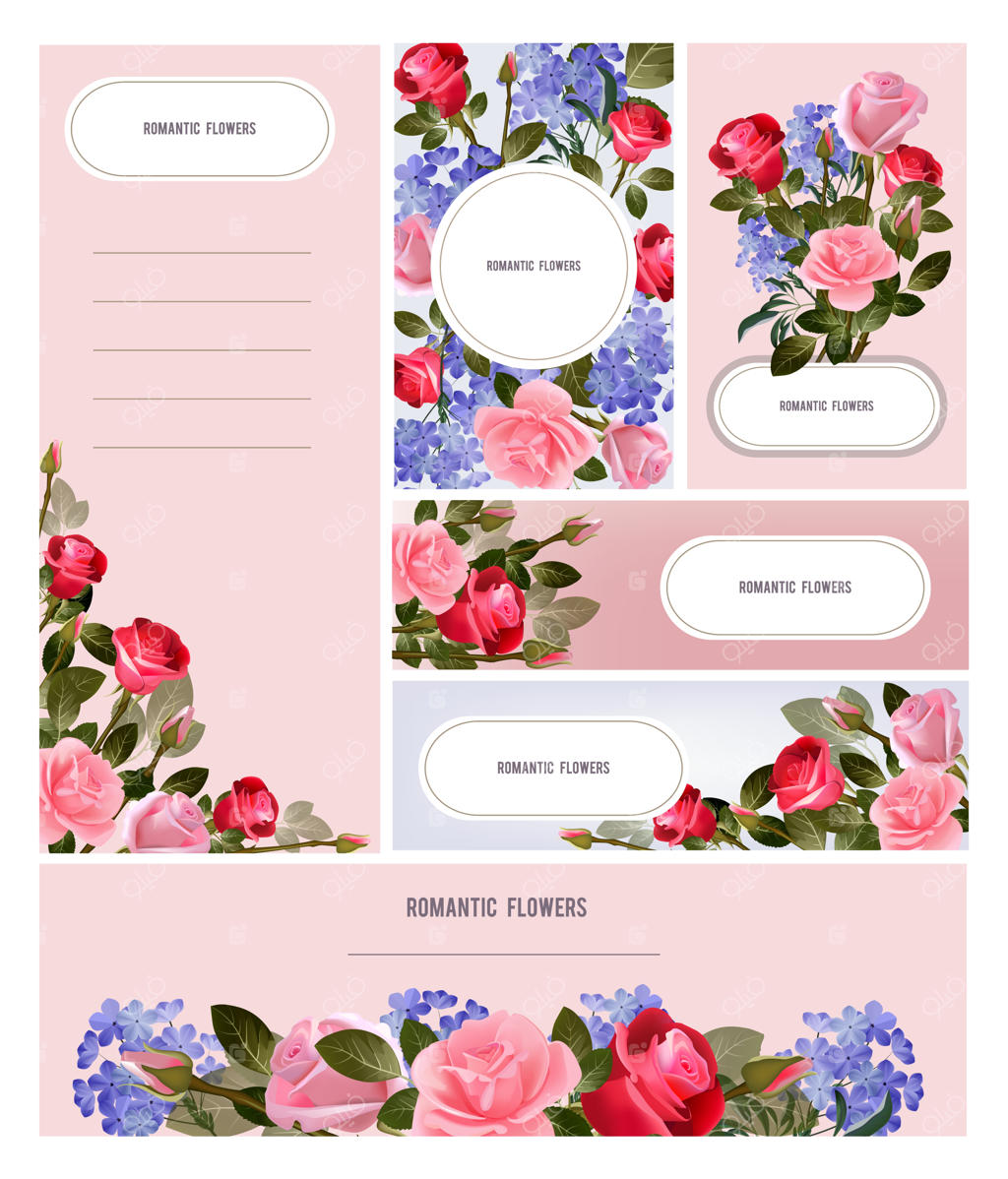 قالب کارت‌های گل‌دار: کارت‌پستال‌های گل رز، دعوتنامه و بنرهای گل، وکتور بروشورهای گل‌فروش