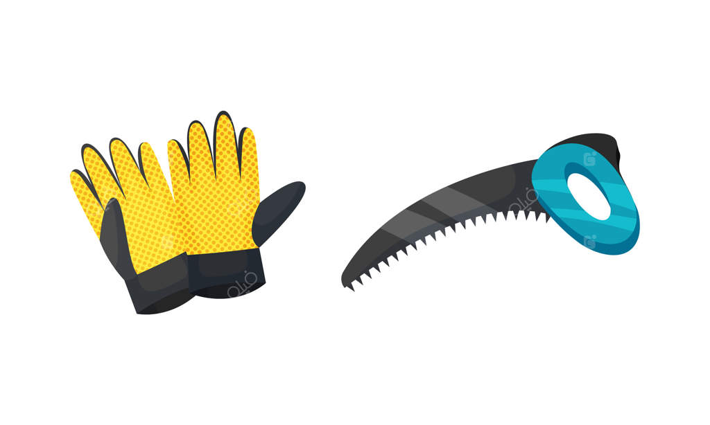دستکش‌های محافظ و اره به‌عنوان مجموعه ابزار و تجهیزات باغبانی