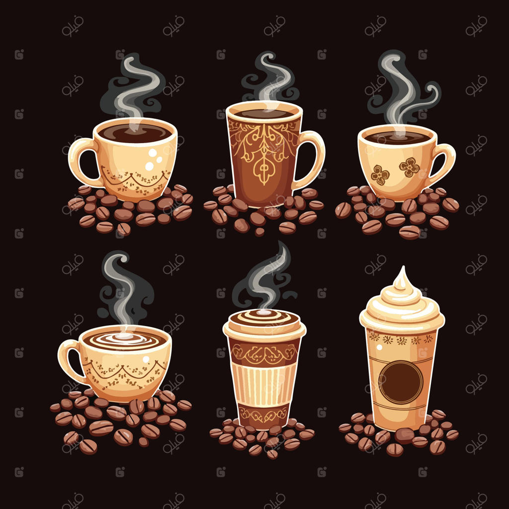 مجموعه‌ای از تصاویر ماگ و فنجان قهوه با نوشیدنی‌های داغ و دانه‌های قهوه، مناسب برای عاشقان قهوه و تم‌های نوشیدنی گرم