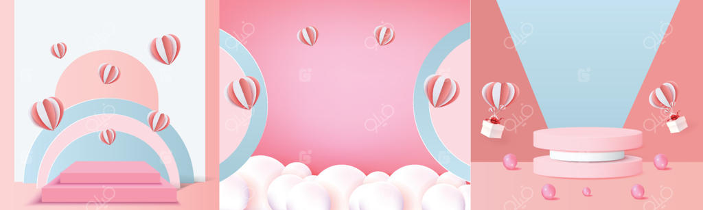 پلتفرم سه‌بعدی قرمز برای محصولات ویژه ولنتاین: طراحی وکتور بنر عاشقانه با مفهوم قلب و رنگ صورتی