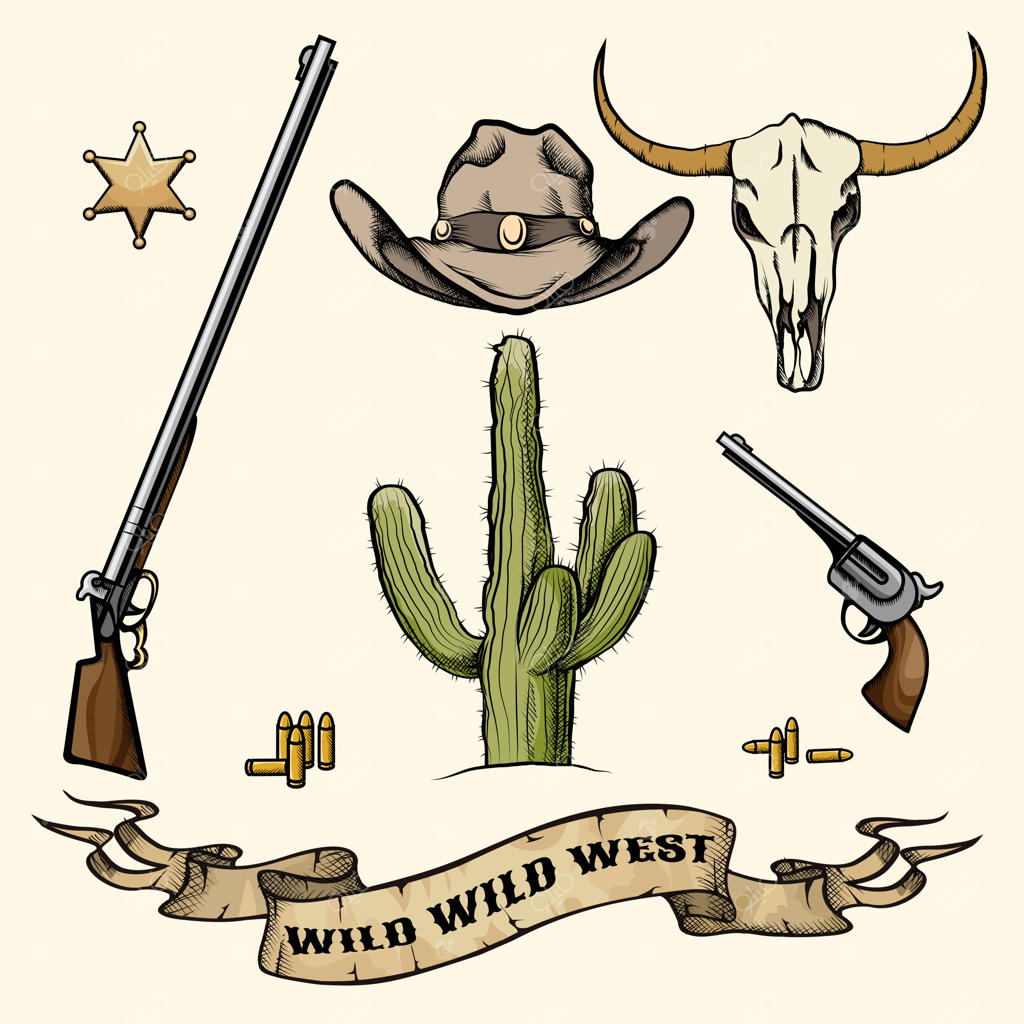 اشیاء غرب وحشی: کلاه کابوی، تفنگ و مهمات، کاکتوس و جمجمه بوفالو، نشان کلانتر. تصویر وکتور