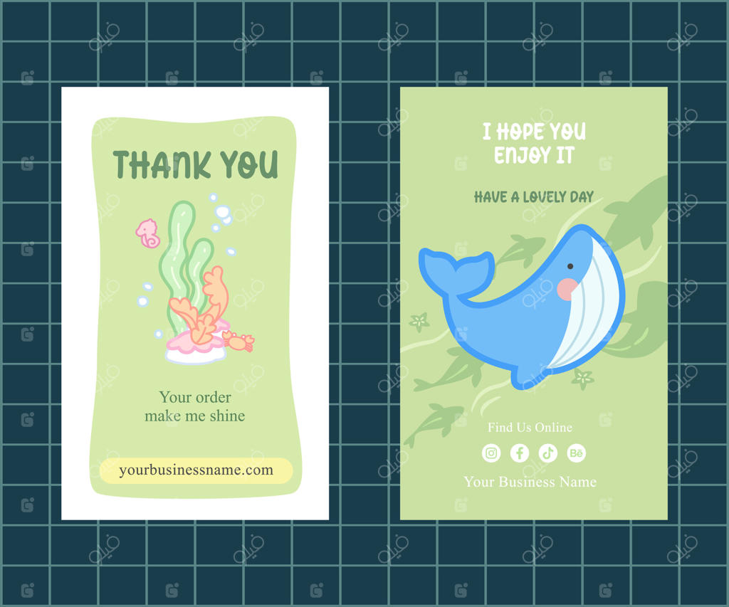 کارت تشکر بسته‌بندی کسب‌وکار با طرح جلبک و نهنگ به رنگ سبز روشن