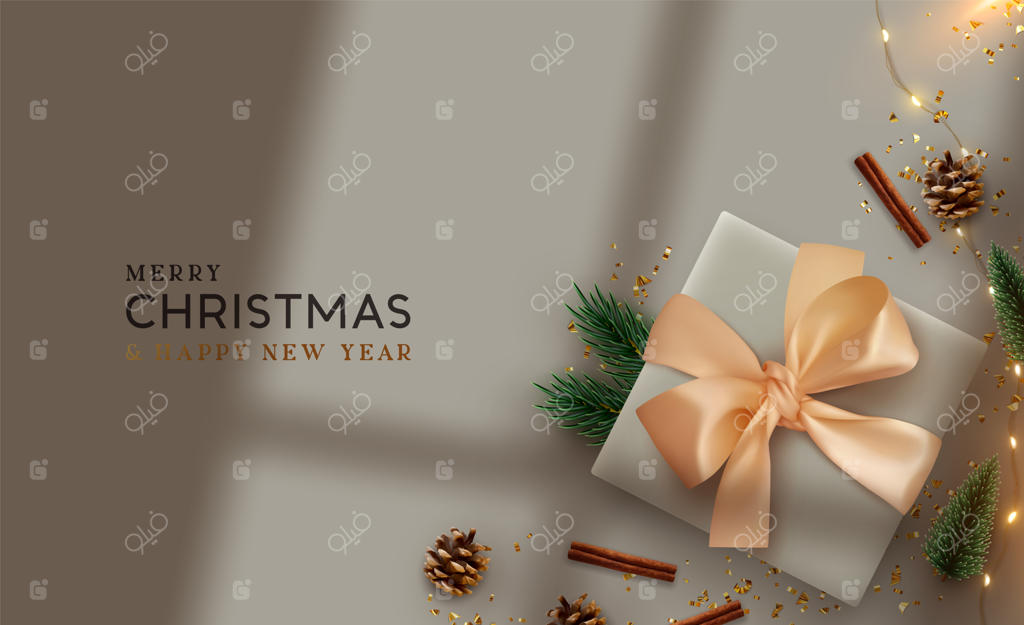 پس‌زمینه کریسمس: طراحی با تزئینات سه‌بعدی، جعبه هدیه، شاخه‌های درخت کاج، مخروط‌های کاج، آذین‌های درخشان و چراغ‌های ریسه‌ای. چیدمان از بالا، مناسب برای کارت تبریک، بنر یا پوستر.