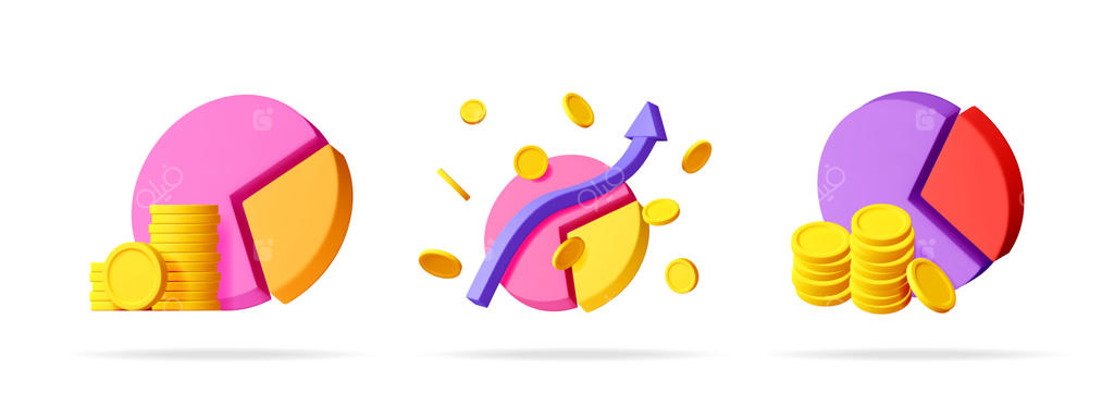 مجموعه‌ای از سه نمودار دایره‌ای با انباشت سکه‌های طلا و فلش صعودی. تجسم داده‌های تجاری برای برنامه‌ریزی مالی، سرمایه‌گذاری و محاسبه درآمد.