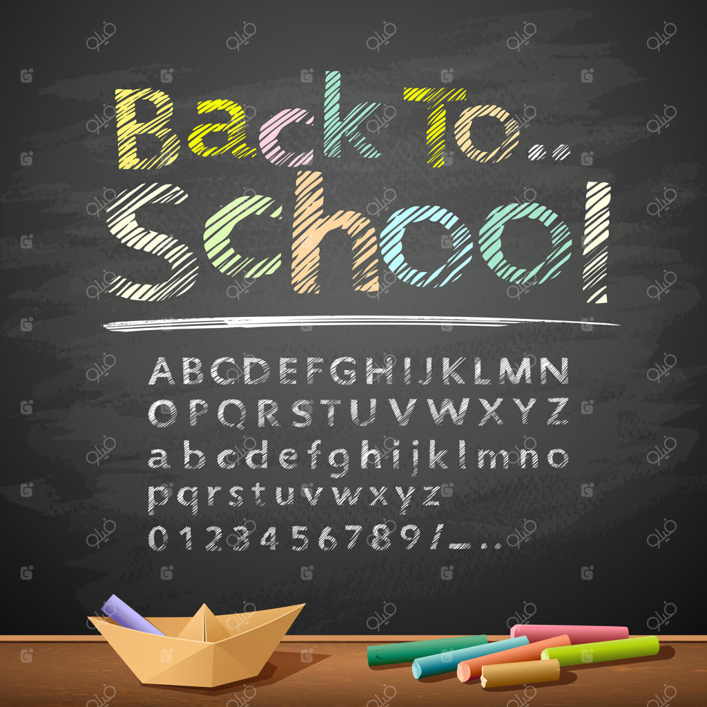 طرح دستی حروف الفبا با نوشته پاستلی بازگشت به مدرسه و طرح قایق کاغذی