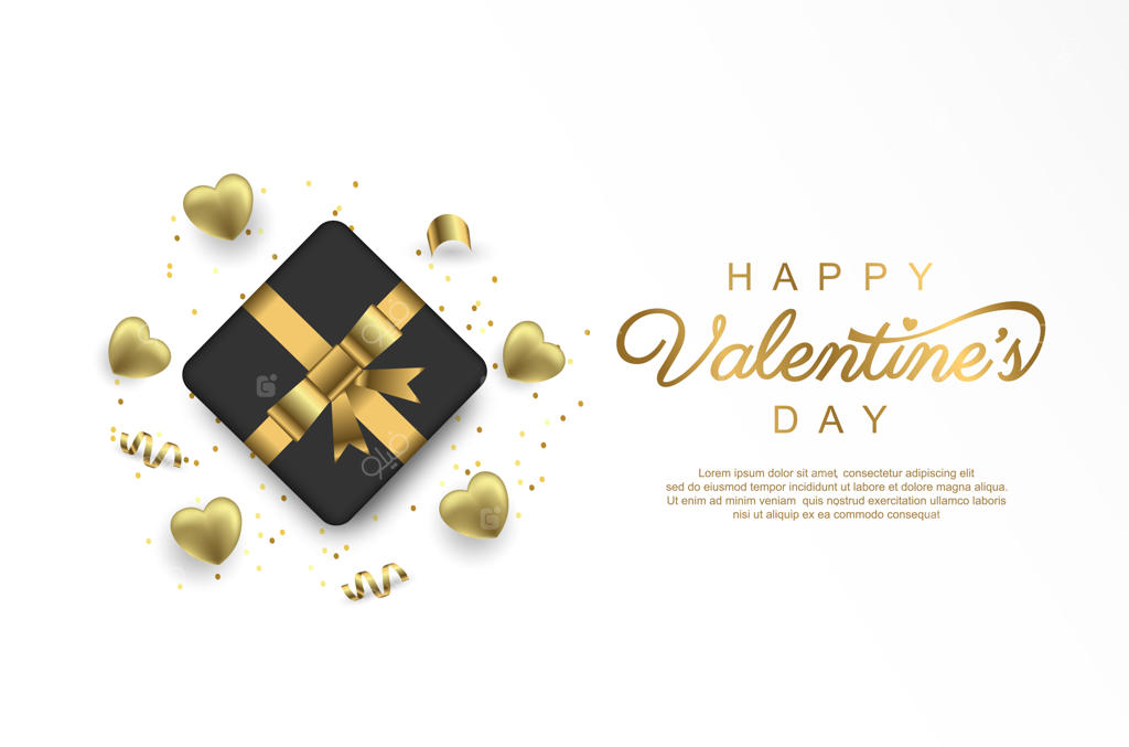 روز ولنتاین مبارک با جعبه هدیه و روبان طلایی