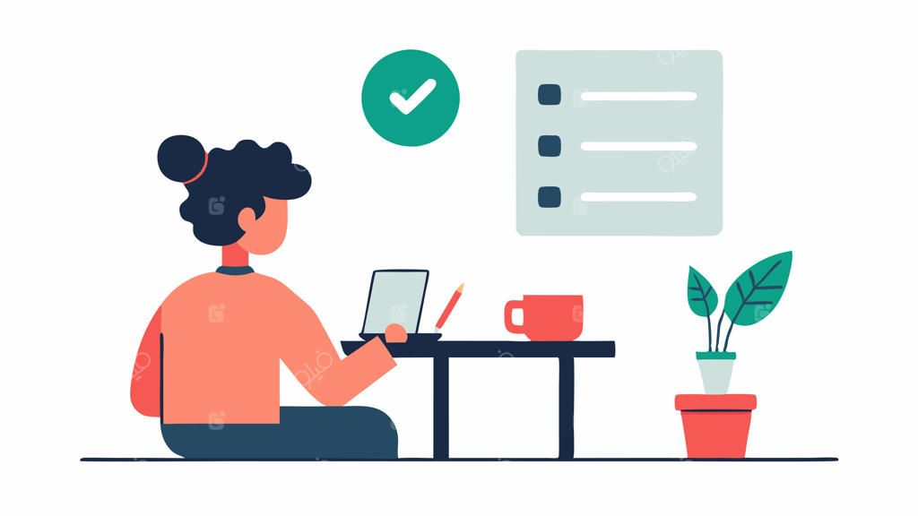 تکمیل نظرسنجی آنلاین: فردی در کافه‌ نشسته و درباره محصولی که به‌تازگی آزمایش کرده، نظرسنجی آنلاین را پر می‌کند و محصول در کنارش قرار دارد.