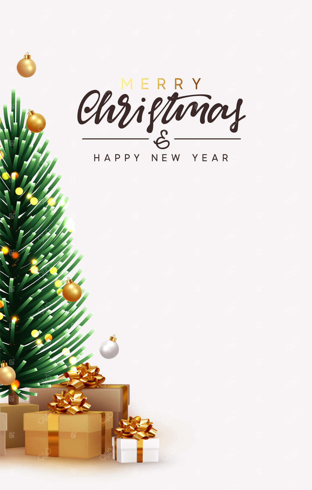 کریسمس مبارک و سال نو پر از شادی. هدایای کریسمس زیر درخت کاج تزئینی. جعبه‌های هدیه قهوه‌ای و سفید واقعی. کارت تبریک، بنر و پوستر پس‌زمینه جشن.