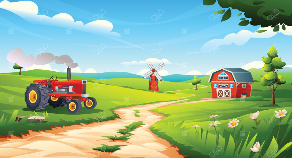 چشم‌انداز روستایی مزرعه: تراکتور قدیمی بر روی چمن‌زار مزرعه‌ای با انبار، آسیاب بادی و گل‌ها زیر آسمان آبی. تصویر کارتونی