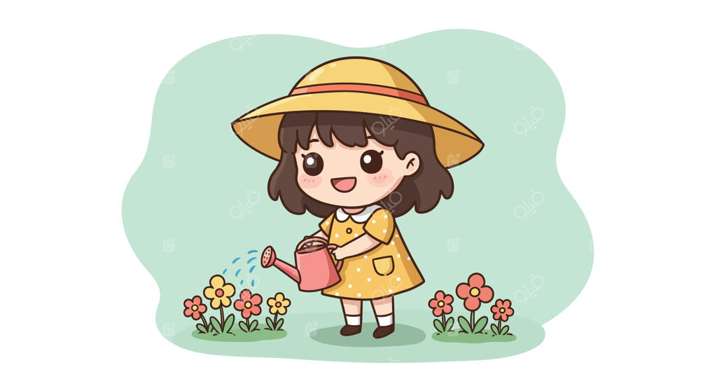 تصویر دختر کوچولوی بانمک در حال آب دادن به گل‌های رنگارنگ در باغ با لباس و کلاه زرد