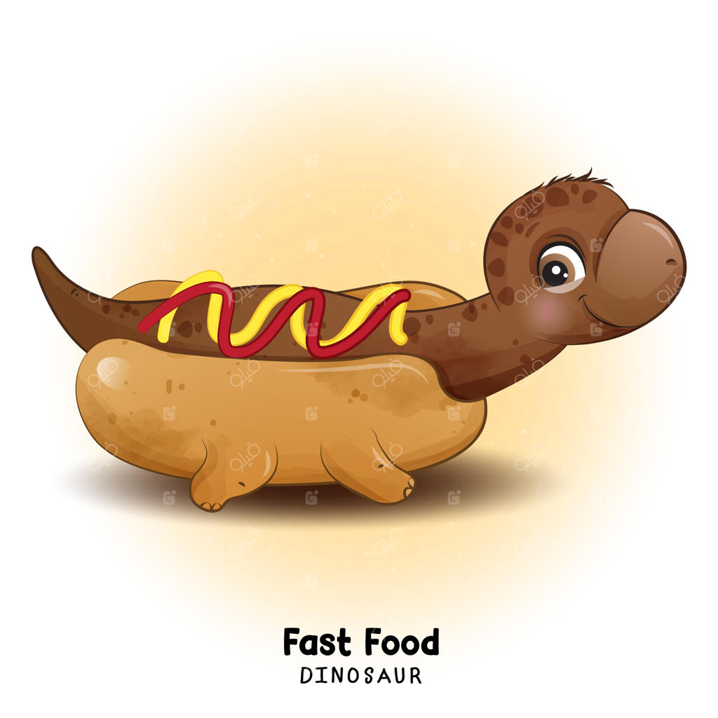 نقاشی آبرنگی فست فود دایناسور کارتونی