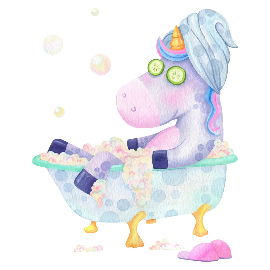 تصویر آبرنگی اسب تک شاخ خنده‌دار در حال حمام کردن