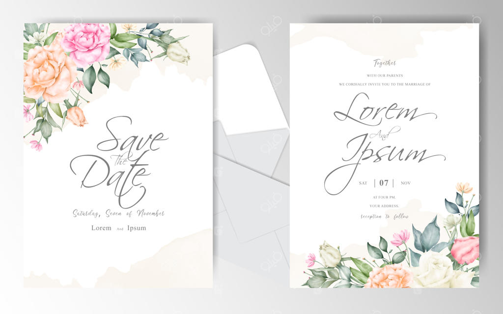 قالب کارت دعوت عروسی شیک با طرح آبرنگی کرمی رنگ