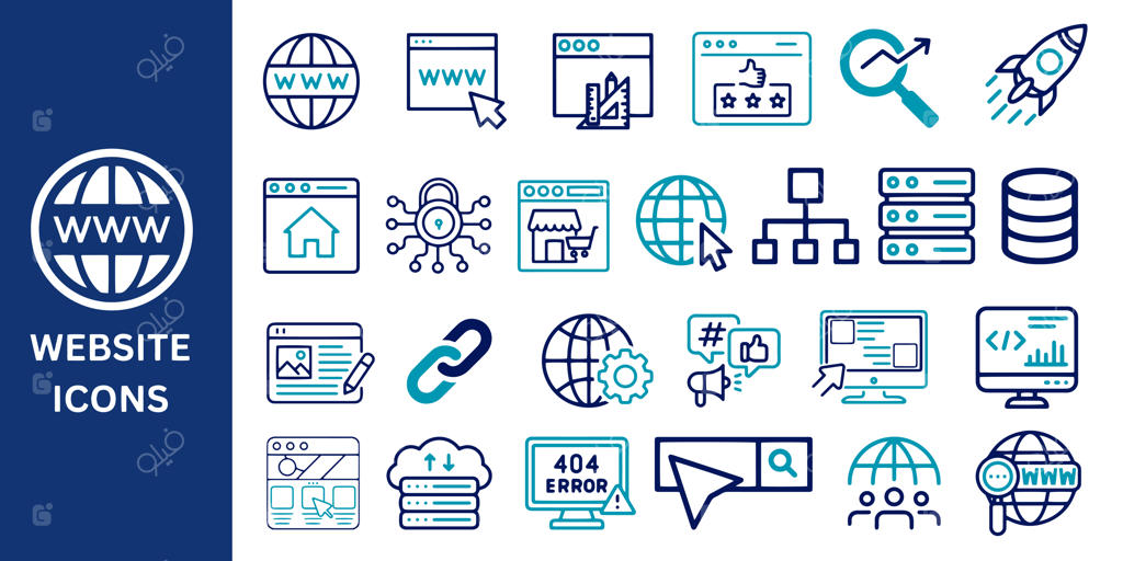 مجموعه آیکون‌های وب‌سایت، طراحی سایت، سئو، امنیت اینترنت، محتوا و تجارت الکترونیک