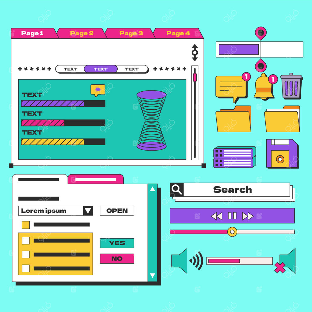مجموعه عناصر واسط کاربری نئو-بروتالیسم با طراحی دستی