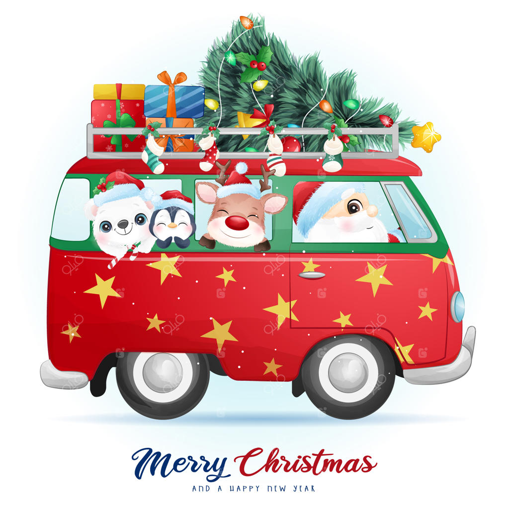 تصویر بامزه بابا نوئل و دوستانش برای روز کریسمس با نقاشی آبرنگی