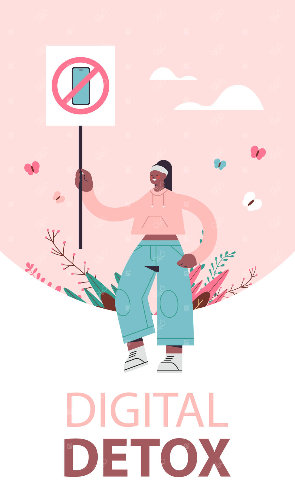 بانویی با تابلوی ممنوعیت استفاده از گوشی هوشمند - مفهموم سم‌زدایی دیجیتال