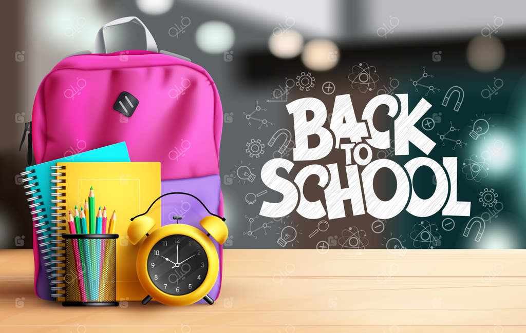 بازگشت به مدرسه: طراحی وکتور بازگشت به مدرسه با متن، کیف، دفترچه و مداد رنگی