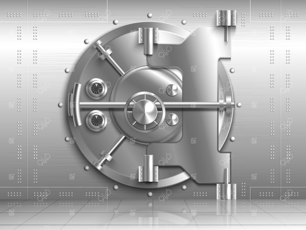 تصویر واقع‌گرایانه از پس‌زمینه درهای گاوصندوق با نمادهای امنیت و حفاظت