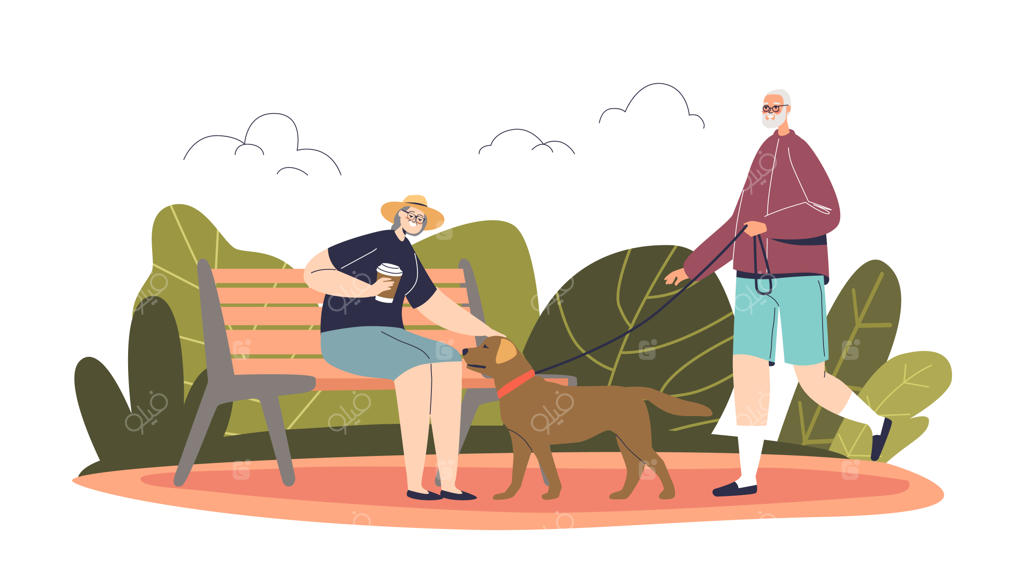 سالمندان در پارک با سگ قدم می‌زنند و از وقت گذراندن در فضای باز لذت می‌برند.