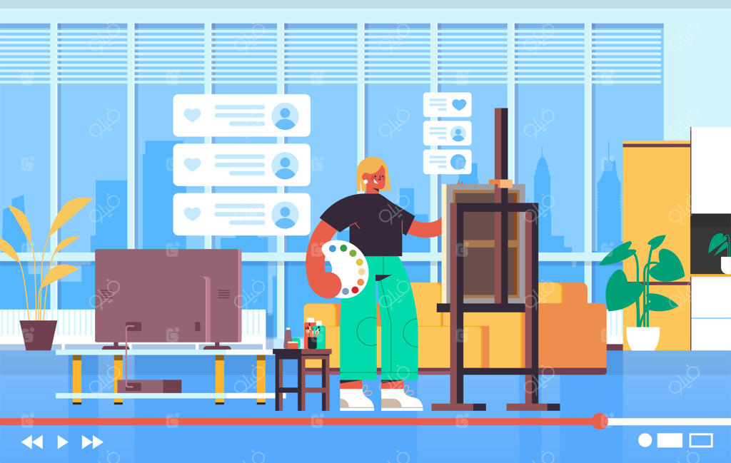 هنرمند وبلاگ‌نویس زن در حال نقاشی ویدئوی زنده ضبط می‌کند بلاگ‌نویسی و محبوبیت وبلاگ کارگاه هنری استودیو داخلی