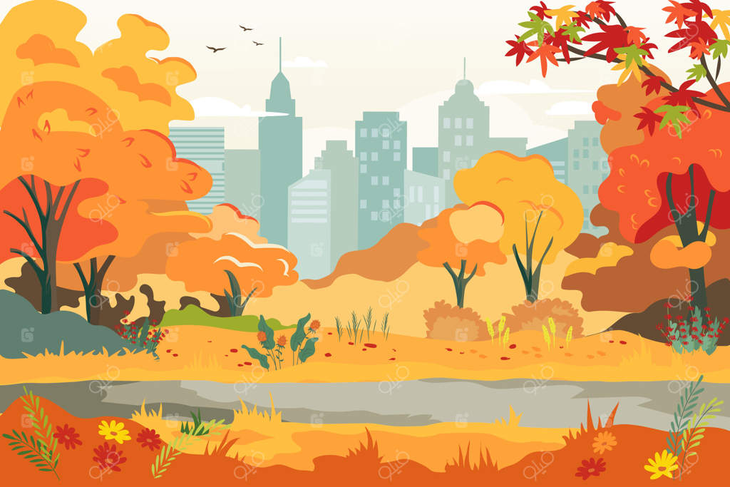 باغ پاییزی عمومی در شهر: نمای پانوراما از پارک شهری با درختان زرد و چمن در پس‌زمینه. تصویر چشم‌انداز پاییزی با پارک خالی و ساختمان‌های شهری در افق