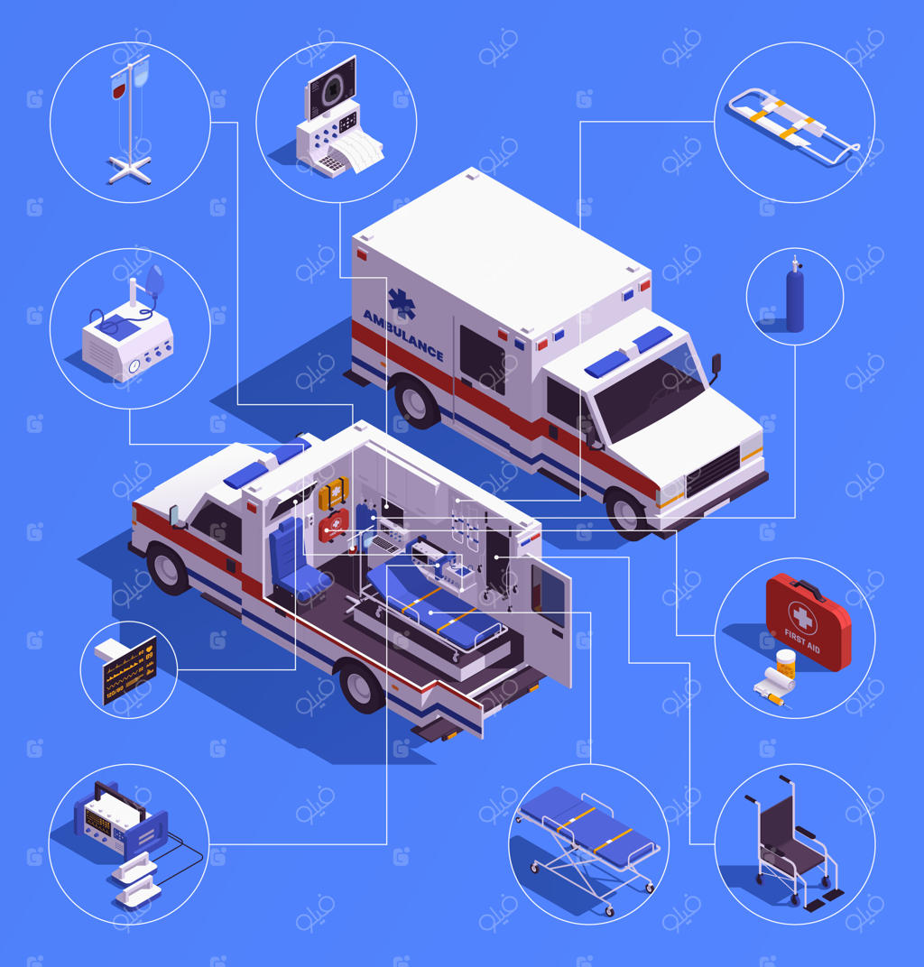 تصویر ایزومتریک آمبولانس مجهز به تجهیزات پزشکی پیشرفته و مدرن