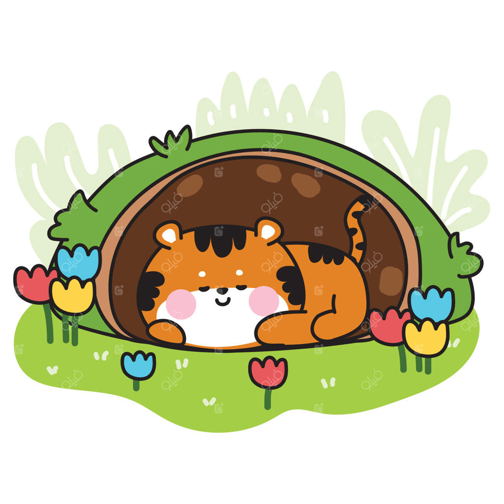 ببر بامزه با لبخند در غار خوابیده: شخصیت کارتونی حیوان وحشی در میان گل‌ها، طبیعت، باغ و برگ‌ها - تصویرسازی