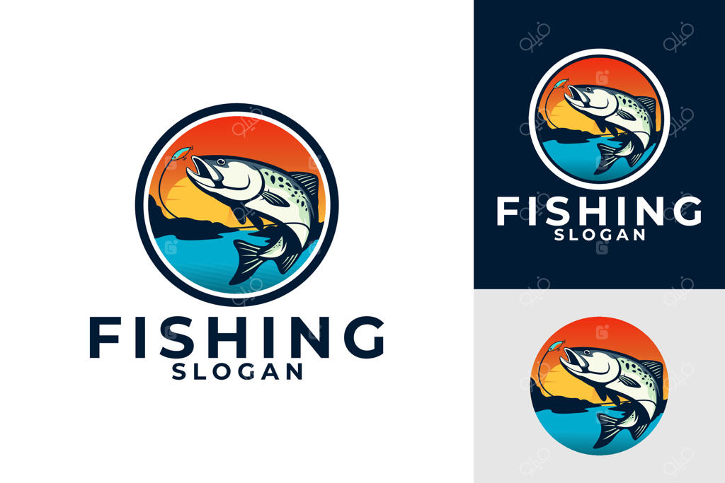 طراحی لوگوی چوب ماهیگیری سالمون، رودخانه و دریا