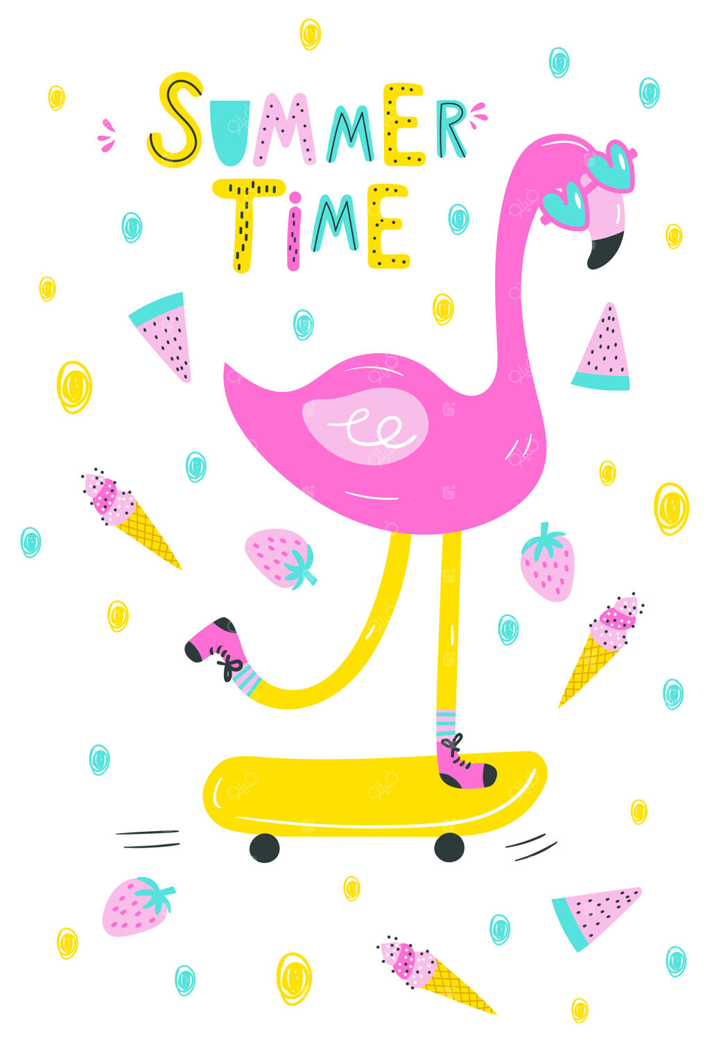 تصویر وکتور فلامینگو بامزه روی اسکیت‌برد