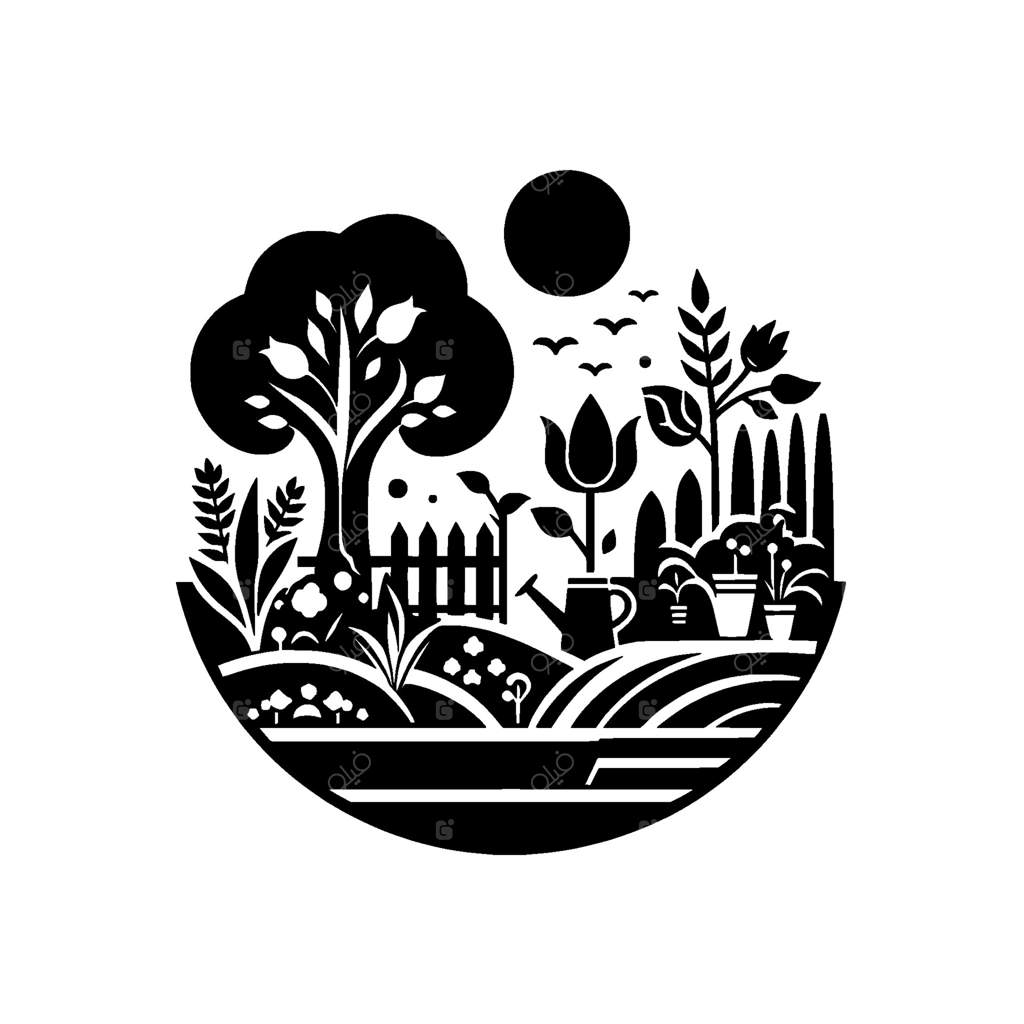 طرح خیالی باغ سیاه و سفید: درخت، گل‌ها، پرندگان، خورشید و نرده به صورت دایره‌ای