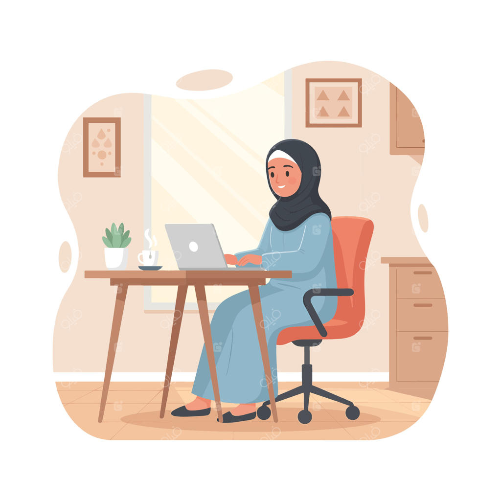 زن مسلمان در حال کار با لپ‌تاپ در منزل