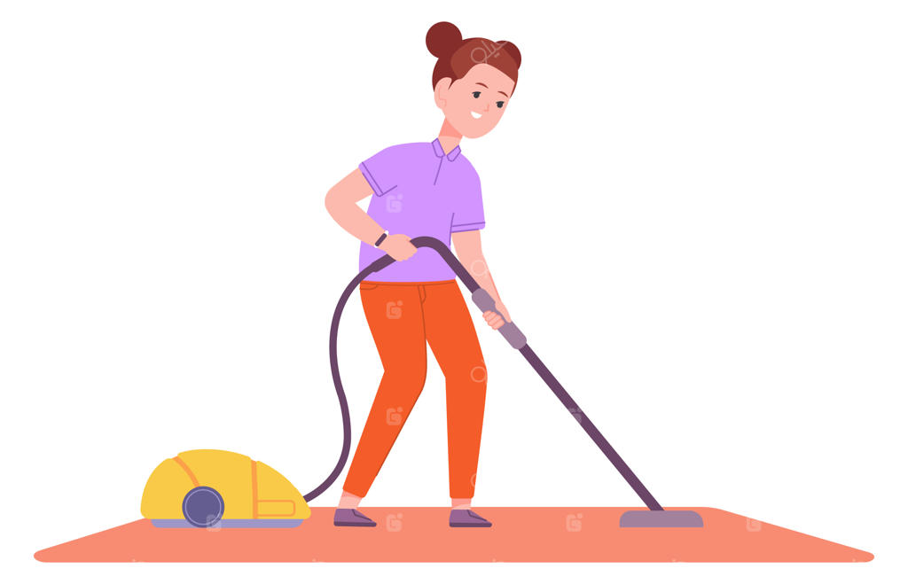 دختر در حال جاروبرقی کشیدن فرش، کودک در حال انجام کارهای خانه