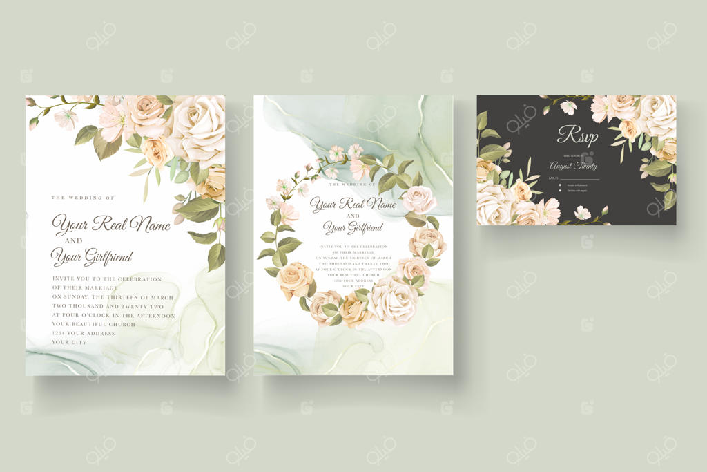 ست کارت دعوت عروسی با طراحی دستی گل رز زیبا