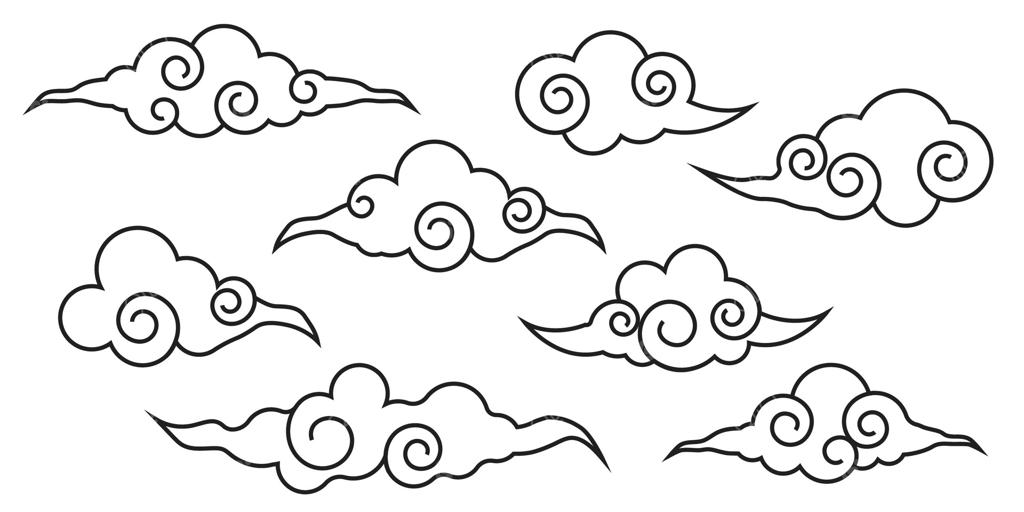 ابرهای ژاپنی، تزئینات موج‌دار سنتی آسیایی. هنر چینی، دکور شرقی. ابرهایی که با باد در آسمان جریان دارند.